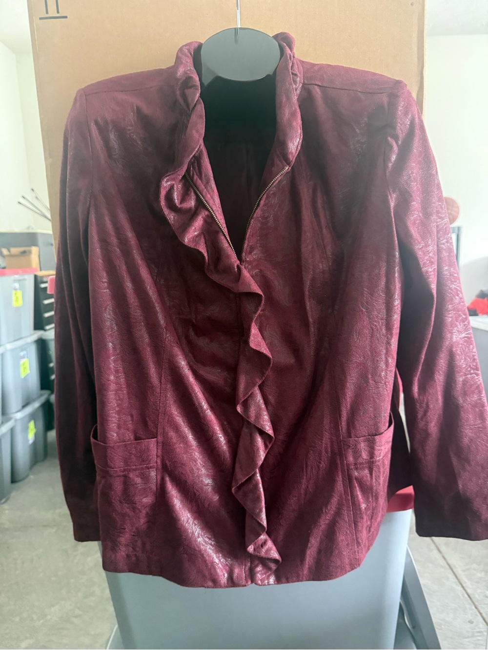 Women's Burgundy Ruffle Front Jacket p57